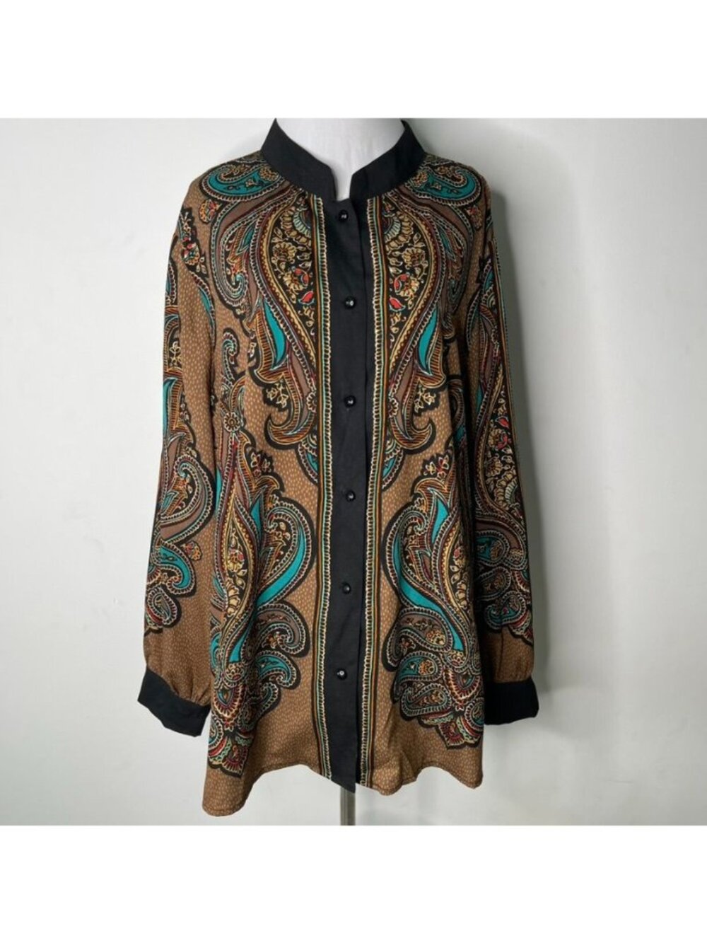 Bob Mackie Wearable Art Blouse 2X Brown Paisley Mandarin Collar Button Up Shirt